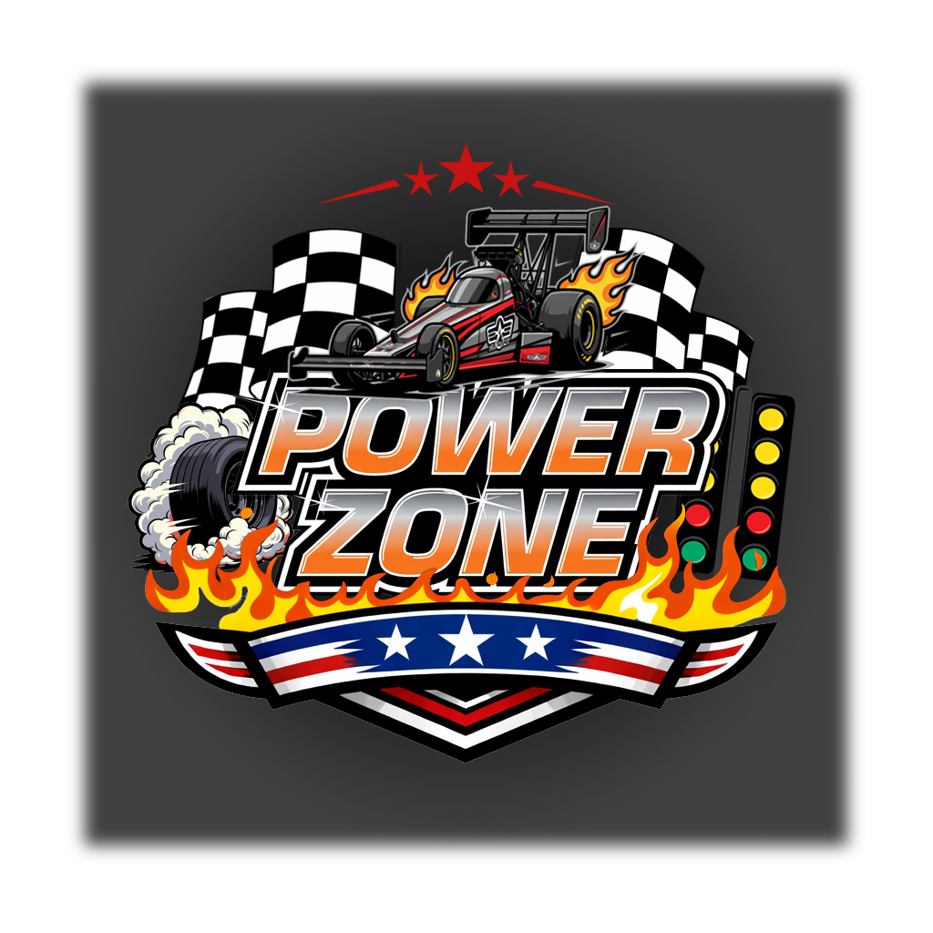 Power Zone-logga med dragracingbil, flammor, checkered flags och stor text som säger POWER ZONE